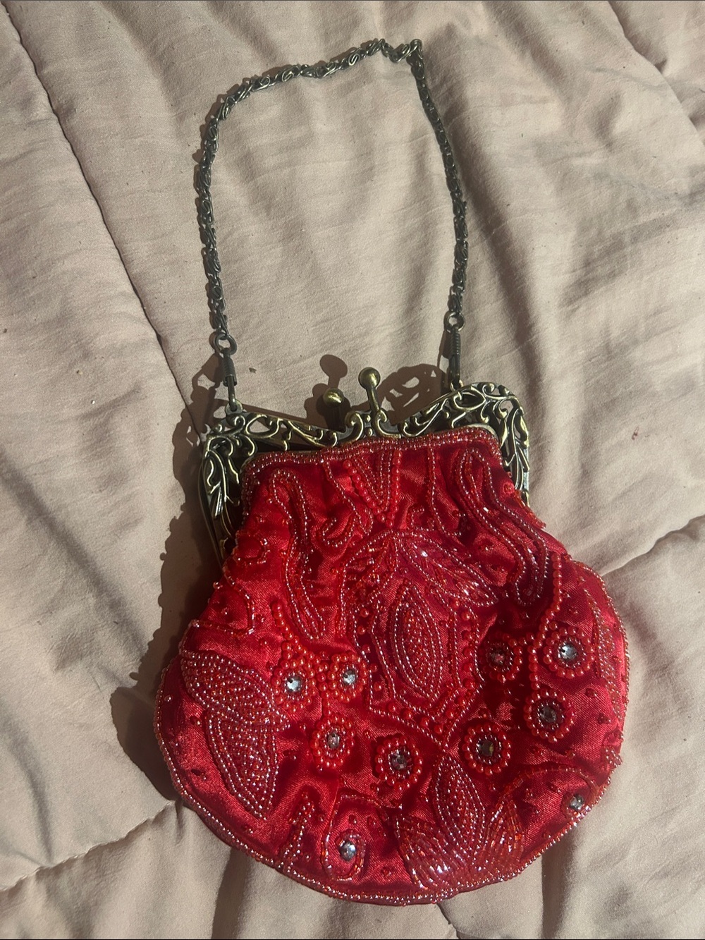 Bijoux Terner Red Beaded Satin Evening Clutch with Ornate Metal Frame